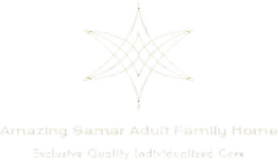 A gold geometric star logo above faint text that reads "Amazing Samar Adult Family Home Exclusive Quality Individualized Care" on a light background.