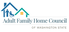 Logo for the Adult Family Home Council of Washington State, featuring house icons and figures of an adult and a person in a wheelchair, symbolizing personalized senior care in Everett and Arlington.