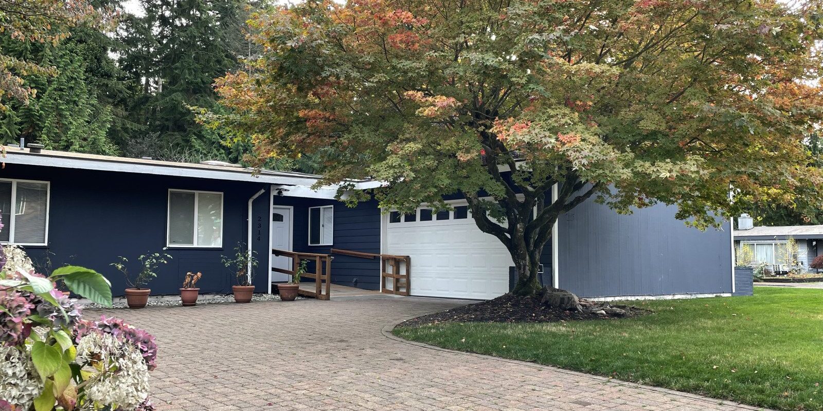 Single-story blue house with a white garage door, a large tree with autumn leaves in front, and a paved driveway leading to the entrance—ideal for comfortable living and easy access to senior care FAQs Snohomish County residents may need.